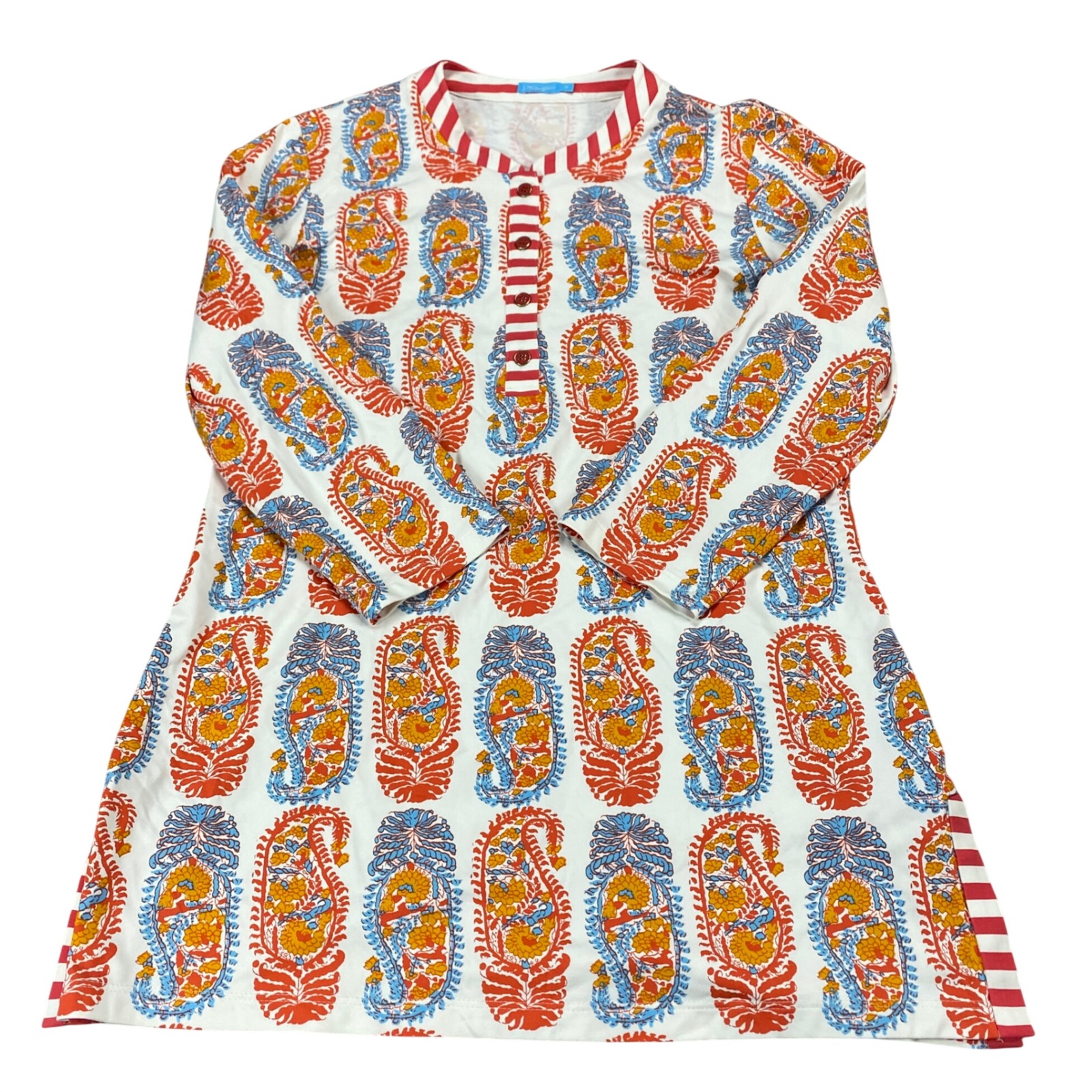 J.Mclaughlin Catalina Cloth Paisley Henley Tunic Top Orange Blue Striped Trim M
